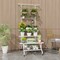 White Tan 4-Tier Metal Plant Stand Ladder Display with Trellis and Wheels Indoor Outdoor